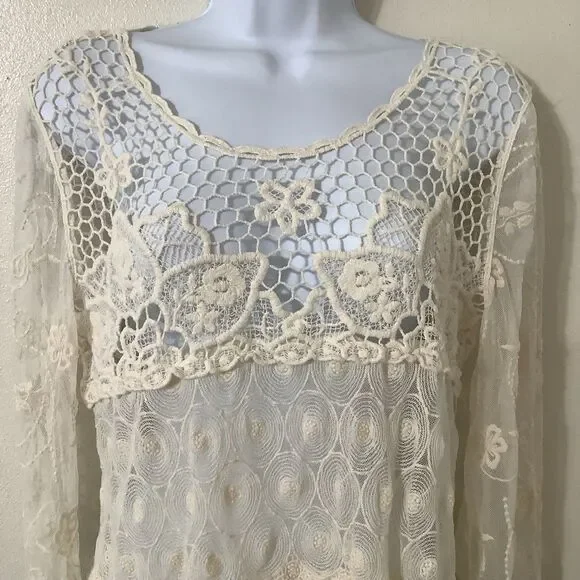 Cream Sheer Lace Crochet Fairycore Fairy Bohemian Hippie Boho Lagenlook Top M - Picture 2 of 7